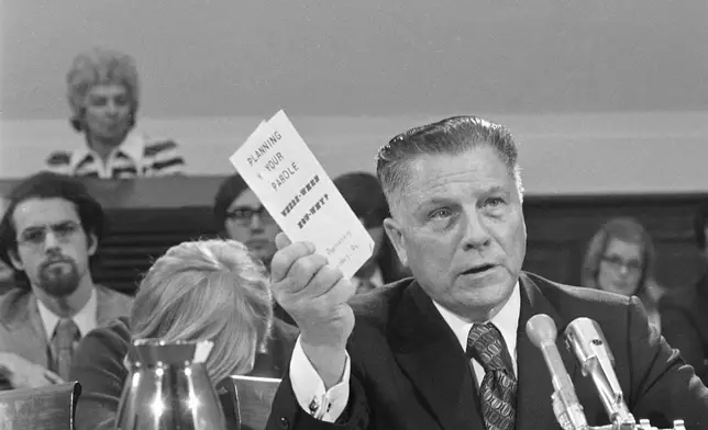 FILE - James R. Hoffa, former president of the Teamsters Union, testifies at a House Judiciary Committee hearing on parole procedures, in Washington, Oct. 19, 1972. (AP Photo, File)