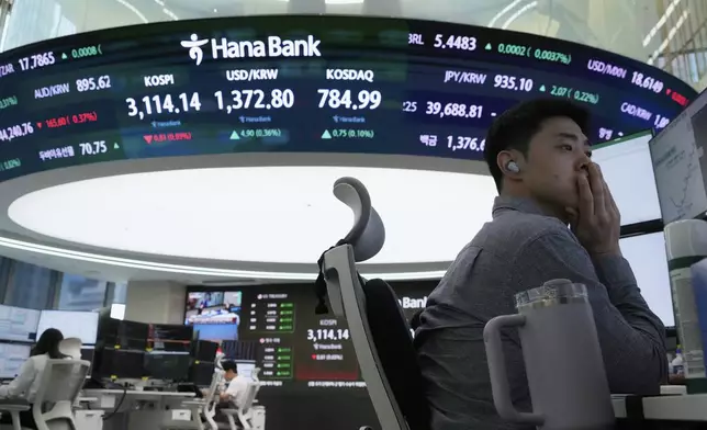 A currency trader watches monitors near a screen showing the Korea Composite Stock Price Index (KOSPI), top center left, and the foreign exchange rate between U.S. dollar and South Korean won, top center, at the foreign exchange dealing room of the Hana Bank headquarters in Seoul, South Korea, Wednesday, July 9, 2025. (AP Photo/Ahn Young-joon)