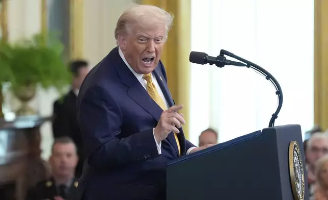 President Donald Trump speaks during a ceremony to sign the "Halt All Lethal Trafficking of Fentanyl Act," in the East Room of the White House, Wednesday, July 16, 2025, in Washington. (AP Photo/Alex Brandon)
