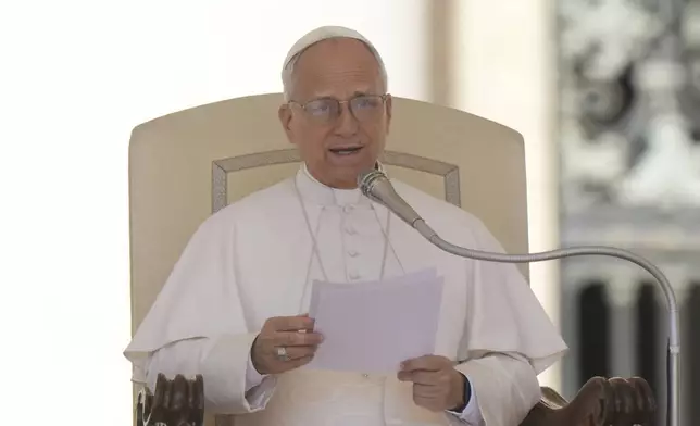 Pope Leo XIV holds his weekly general audience in St. Peter's Square, at the Vatican, Wednesday, July 30, 2025. (AP Photo/Andrew Medichini)