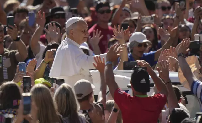 Pope Leo XIV holds his weekly general audience in St. Peter's Square, at the Vatican, Wednesday, July 30, 2025. (AP Photo/Andrew Medichini)