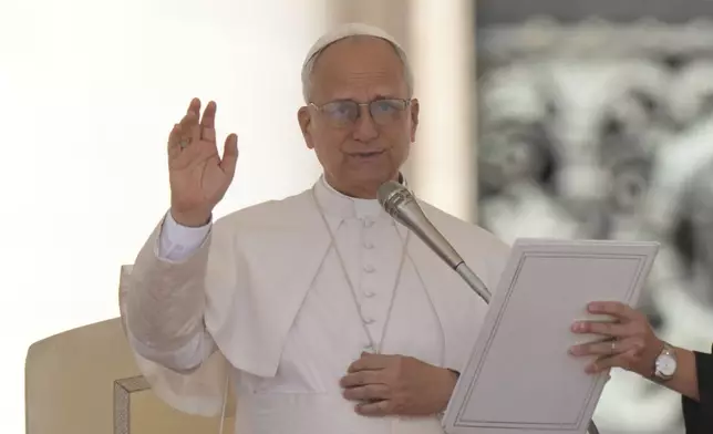 Pope Leo XIV holds his weekly general audience in St. Peter's Square, at the Vatican, Wednesday, July 30, 2025. (AP Photo/Andrew Medichini)