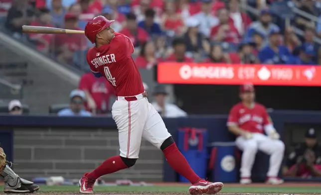 Toronto Blue Jays' George Springer hits a grand slam off during the seventh inning of a baseball game against the New York Yankees, Tuesday, July 1, 2025, in Toronto. (Frank Gunn/The Canadian Press via AP)