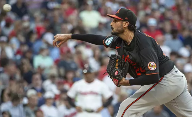 Baltimore Orioles starting pitcher Zach Eflin delivers against the Cleveland Guardians during the fifth inning of a baseball game, Wednesday, July 23, 2025, in Cleveland. (AP Photo/Phil Long)