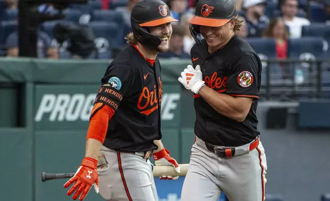 Baltimore Orioles' Gunnar Henderson, left, congratulates Jackson Holliday after his solo home run off Cleveland Guardians starting pitcher Slade Cecconi during the sixth inning of a baseball game, Wednesday, July 23, 2025, in Cleveland. (AP Photo/Phil Long)