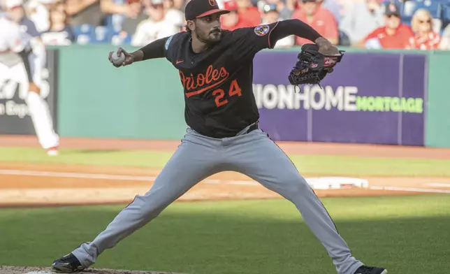 Baltimore Orioles starting pitcher Zach Eflin delivers against the Cleveland Guardians during the first inning of a baseball game, Wednesday, July 23, 2025, in Cleveland. (AP Photo/Phil Long)