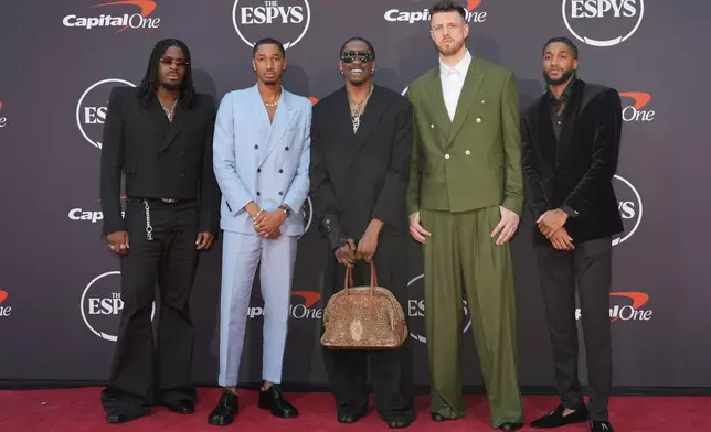 Players from the Oklahoma City Thunder arrive at the ESPY Awards at the Dolby Theatre in Los Angeles, Wednesday, July 16, 2025. (AP Photo/Chris Pizzello)