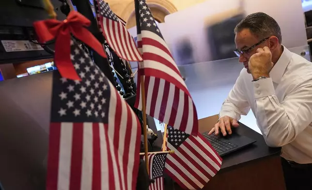Trader Jason Hardzewicz works on the floor of the New York Stock Exchange, Tuesday, July 1, 2025. (AP Photo/Richard Drew)
