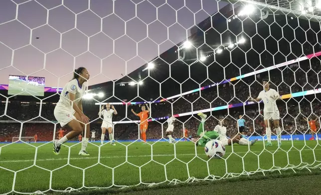 France's Selma Bacha, left, reacts after scoring an own goal during the Women's Euro 2025, group D, soccer match between the Netherlands and France at St. Jakob-Park in Basel, Switzerland, Sunday, July 13, 2025. (AP Photo/Alessandra Tarantino)