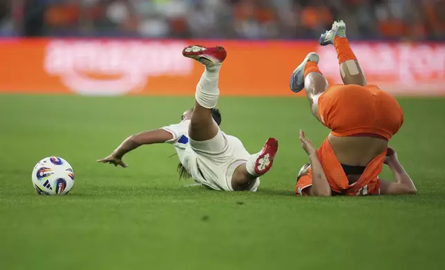 Netherlands' Chasity Grant, right, and France's Sakina Karchaoui fall to the ground during the Women's Euro 2025, group D, soccer match between the Netherlands and France at St. Jakob-Park in Basel, Switzerland, Sunday, July 13, 2025. (AP Photo/Alessandra Tarantino)