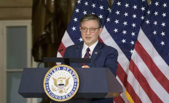 Speaker of the House Mike Johnson, R-La., speaks during a Congressional Gold Medal ceremony for three-time Tour de France winner Greg LeMond at the Capitol, Wednesday, July 9, 2025, in Washington. (AP Photo/Rod Lamkey, Jr.)