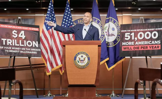 House Minority Leader Hakeem Jeffries, D-N.Y., speaks during a news conference after passage of the budget reconciliation package of President Donald Trump's signature bill of big tax breaks and spending cuts, at the Capitol in Washington, Tuesday, July 1, 2025. (AP Photo/Mariam Zuhaib)