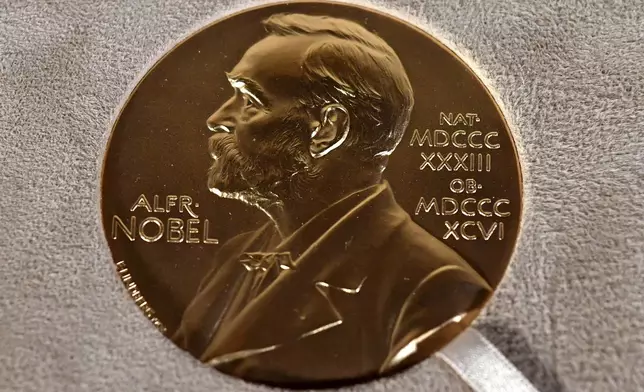 FILE - A Nobel medal is displayed during a ceremony in New York on Dec. 8, 2020. (Angela Weiss/Pool Photo via AP, File)