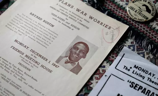 In this still image taken from video, mementos belonging to civil rights leader Bayard Rustin are pictured at his partner Walter Naegle's home, on Saturday, June 28, 2025, in New York. (AP Photo/Mary Conlon)