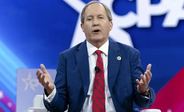 FILE - Texas Attorney General Ken Paxton speaks during the Conservative Political Action Conference, CPAC 2024, at the National Harbor in Oxon Hill, Md., Feb. 23, 2024. (AP Photo/Jose Luis Magana, File)