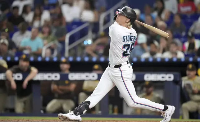 Miami Marlins' Kyle Stowers hits a single-run homer in the fourth inning of a baseball game against the San Diego Padres, Monday, July 21, 2025, in Miami. (AP Photo/Rebecca Blackwell)