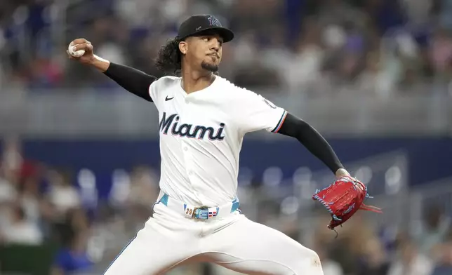 Miami Marlins starting pitcher Eury Perez pitches in the fourth inning of a baseball game against the San Diego Padres, Monday, July 21, 2025, in Miami. (AP Photo/Rebecca Blackwell)