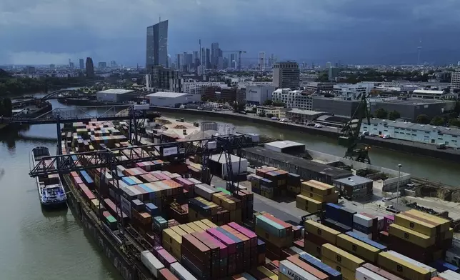 Containers are piled in a cargo terminal in Frankfurt, Germany, Monday, July 14, 2025. (AP Photo/Michael Probst)