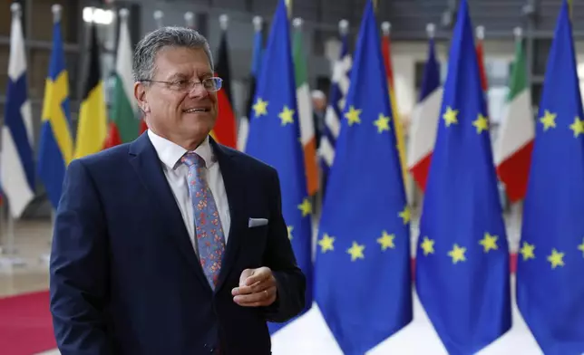 FILE - European Commissioner for Trade and Economic Security Maros Sefcovic arrives for a meeting of EU trade ministers at the European Council building in Brussels, May 15, 2025. (AP Photo/Omar Havana, File)