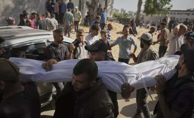 Mourners carry the body of a Palestinian man killed while heading to an aid distribution hub, during his funeral in Gaza City, on Thursday, July 3, 2025. (AP Photo/Jehad Alshrafi)