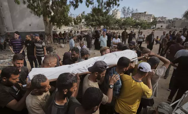 Mourners carry the body of a Palestinian man killed while heading to an aid distribution hub, during his funeral in Gaza City, on Thursday, July 3, 2025. (AP Photo/Jehad Alshrafi)