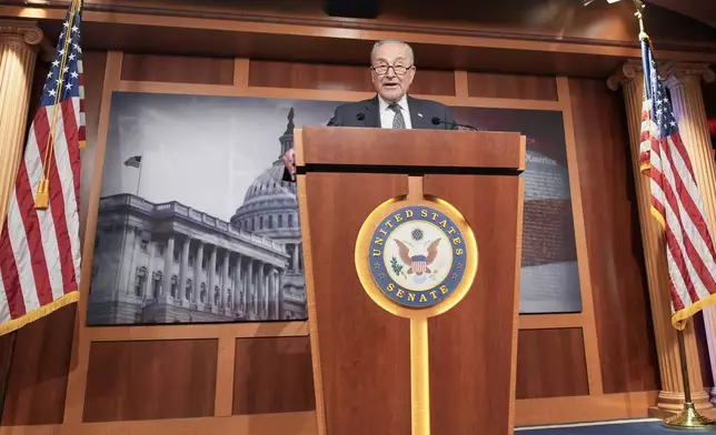 Senate Minority Leader Chuck Schumer of N.Y., speaks during a news conference after passage of the budget reconciliation package of President Donald Trump's signature bill of big tax breaks and spending cuts, at the Capitol in Washington, Tuesday, July 1, 2025. (AP Photo/Mariam Zuhaib)