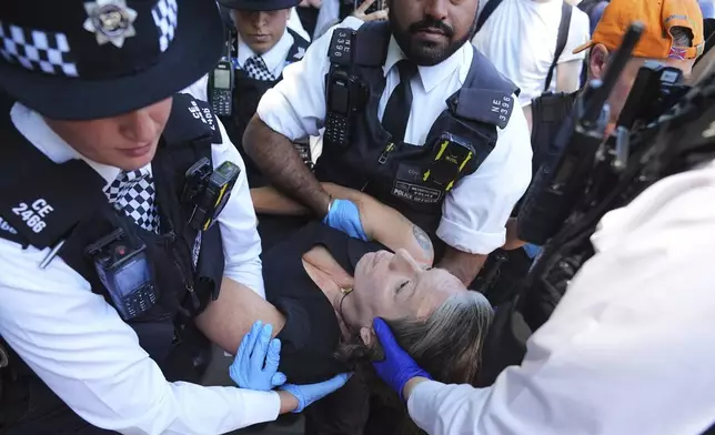 Police officers remove a person after they took part in a protest in Parliament Square, to call for de-proscription of 'Palestine Action' after a ban against the organisation was announced, in London, Saturday July 12, 2025. (James Manning/PA via AP)