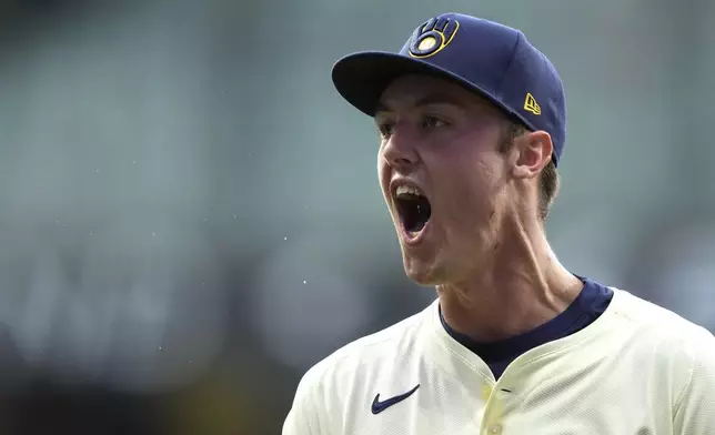 Milwaukee Brewers' Jacob Misiorowski reacts during the sixth inning of a baseball game against the Los Angeles Dodgers, Tuesday, July 8, 2025, in Milwaukee. (AP Photo/Aaron Gash)