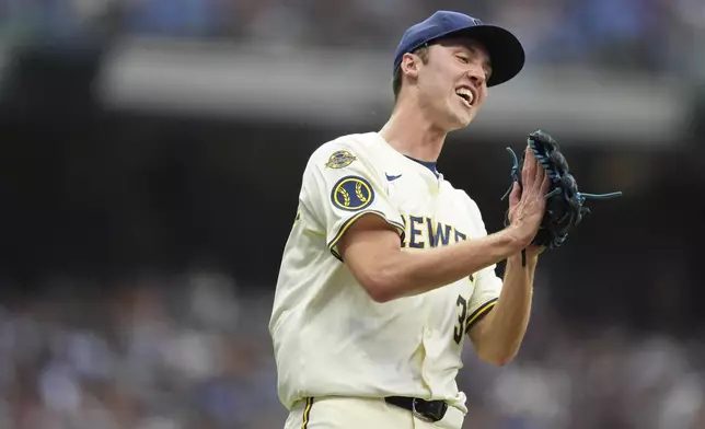 Milwaukee Brewers' Jacob Misiorowski reacts during the sixth inning of a baseball game against the Los Angeles Dodgers, Tuesday, July 8, 2025, in Milwaukee. (AP Photo/Aaron Gash)