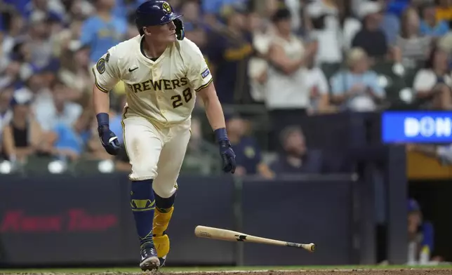 Milwaukee Brewers' Andrew Vaughn rounds the bases after hitting a grand slam during the sixth inning of a baseball game against the Chicago Cubs, Tuesday, July 29, 2025, in Milwaukee. (AP Photo/Aaron Gash)