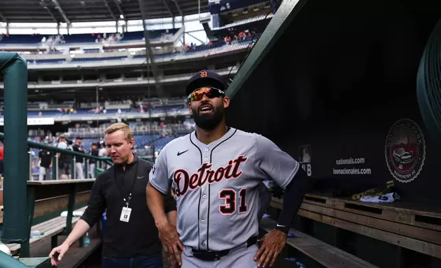 Detroit Tigers' Riley Greene stands in the dugout following the ninth inning in the first baseball game of a doubleheader against the Washington Nationals, Wednesday, July 2, 2025, in Washington. (AP Photo/Julia Demaree Nikhinson)