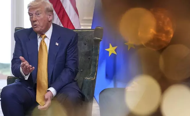 President Donald Trump speaks as he meets European Commission President Ursula von der Leyen at the Trump Turnberry golf course in Turnberry, Scotland Sunday, July 27, 2025. (AP Photo/Jacquelyn Martin)