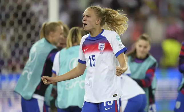 England's Esme Morgan celebrates after winning a penalty shootout at the end of the Women's Euro 2025 quarterfinals soccer match between Sweden and England at Stadion Letzigrund in Zurich, Switzerland, Thursday, July 17, 2025. (AP Photo/Alessandra Tarantino)