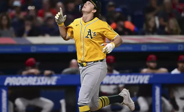Athletics' Nick Kurtz runs the bases after hitting solo home run off Cleveland Guardians relief pitcher Kolby Allard during the ninth inning of a baseball game, Saturday, July 19, 2025, in Cleveland. (AP Photo/David Dermer)