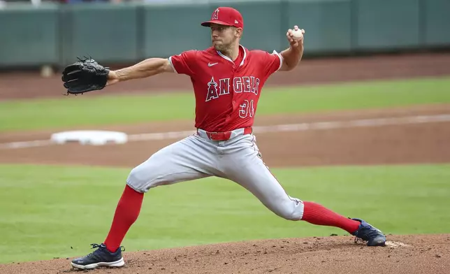 Los Angeles Angels pitcher Tyler Anderson (31) delivers in the first inning of a baseball game against the Atlanta Braves, Tuesday, July 1, 2025, in Atlanta. (AP Photo/Colin Hubbard)