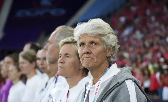 Switzerland head coach Pia Sundhage stands by the bench before the Euro 2025, group A, soccer match between Finland and Switzerland at Stade de Geneve in Geneva, Switzerland, Thursday, July 10, 2025. (AP Photo/Alessandra Tarantino)