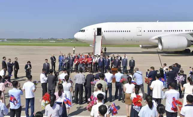 This photo provided on Tuesday, July 29, 2025, by the North Korean government, Alexandr Kozlov, minister of Natural Resources and Ecology, and his delegation attend a ceremony for a direct air route between Moscow and Pyogyang, at the Pyongyang International Airport in Pyongyang, North Korea, on Monday, July 28, 2025. Independent journalists were not given access to cover the event depicted in this image distributed by the North Korean government. The content of this image is as provided and cannot be independently verified. Korean language watermark on image as provided by source reads: "KCNA" which is the abbreviation for Korean Central News Agency. (Korean Central News Agency/Korea News Service via AP)