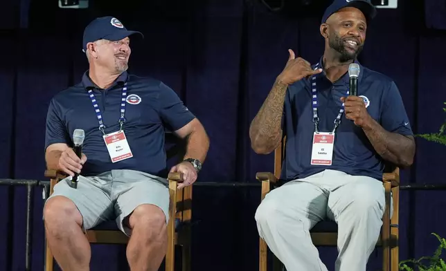 Baseball Hall of Fame inductees Billy Wagner, left, and CC Sabathia speak to reporters during a news conference in Cooperstown, N.Y., Saturday, July 26, 2025. (AP Photo/Seth Wenig)