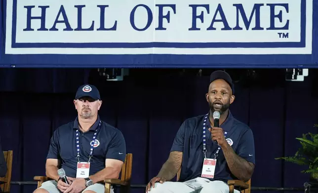 Baseball Hall of Fame inductees Billy Wagner, left, and CC Sabathia speak to reporters during a news conference in Cooperstown, N.Y., Saturday, July 26, 2025. (AP Photo/Seth Wenig)