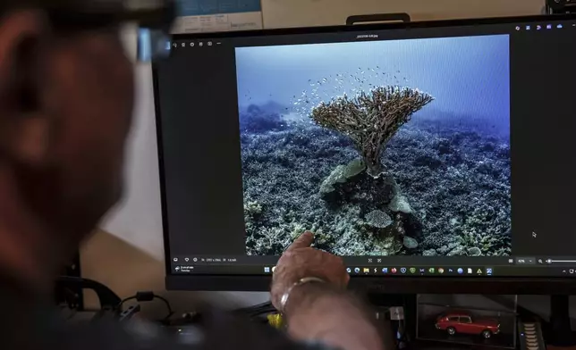 John Warmington points to a photo he took in 2017 of a coral formation at Havannah Harbour, off the coast of Efate Island, Vanuatu, that he once called the "Tree of Life," on Sunday, July 20, 2025. It was toppled by cyclones in 2023 and further damaged by an earthquake in 2024. (AP Photo/Annika Hammerschlag)