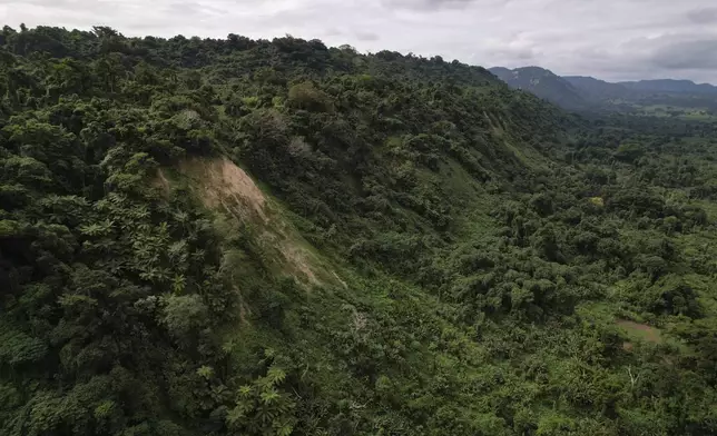 Landslides triggered by cyclones, heavy rainfall and earthquakes scar the landscape in Efate Island, Vanuatu, Thursday, July 17, 2025. (AP Photo/Annika Hammerschlag)
