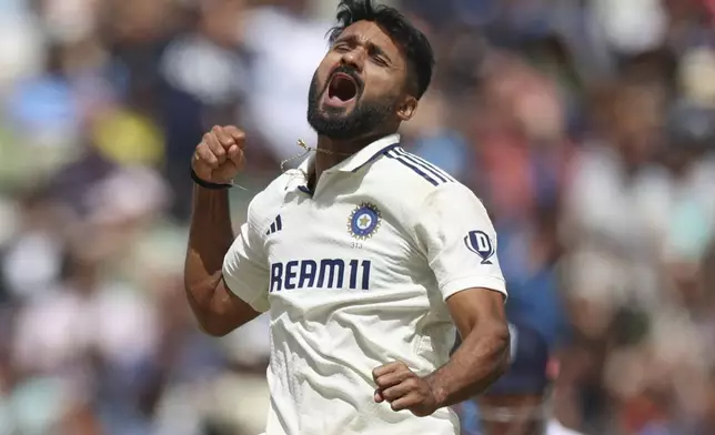 India's Akash Deep celebrates the dismissal of England's Ollie Pope on day five of the second cricket test match between England and India at Edgbaston in Birmingham, England, Sunday, July 6, 2025. (AP Photo/Scott Heppell)
