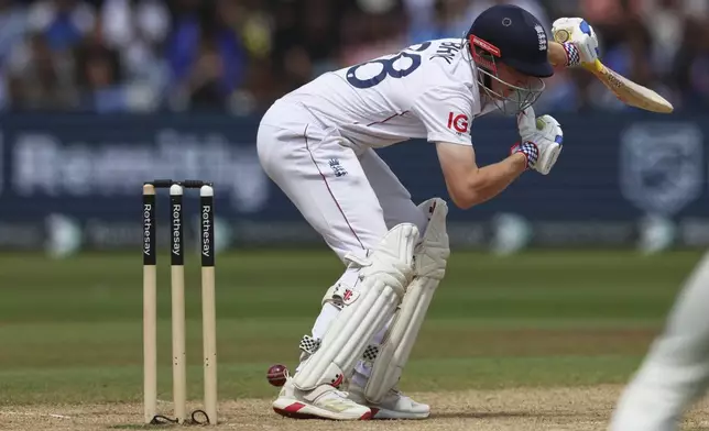 England's Harry Brook is dismissed LBW by India's Akash Deep on day five of the second cricket test match between England and India at Edgbaston in Birmingham, England, Sunday, July 6, 2025. (AP Photo/Scott Heppell)