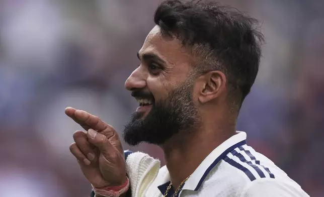 India's Akash Deep celebrates after his five-wicket haul on day five of the second cricket test match between England and India at Edgbaston in Birmingham, England, Sunday, July 6, 2025. (AP Photo/Scott Heppell)