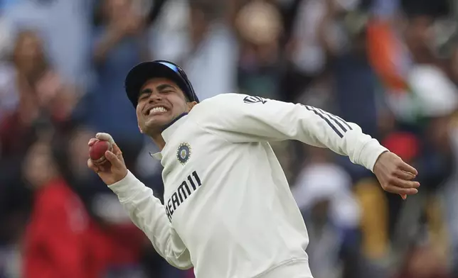 India's captain Shubman Gill celebrates after their win against England on day five of the second cricket test match at Edgbaston in Birmingham, England, Sunday, July 6, 2025. (AP Photo/Scott Heppell)
