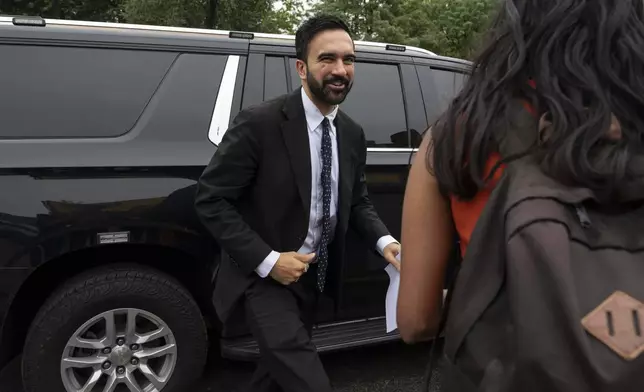 FILE - Democratic mayoral candidate Zohran Mamdani arrives at House of Justice for National Action Network's Saturday action rally in Harlem, Saturday, June 28, 2025, in New York. (AP Photo/Yuki Iwamura, File)