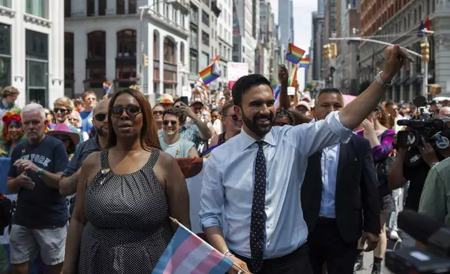 Democratic mayoral candidate Zohran Mamdani, right, and Attorney General of New York Letitia James walk in the NYC Pride March, Sunday, June 29, 2025, in New York. (AP Photo/Olga Fedorova)