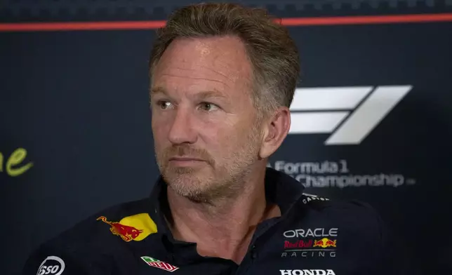 Former Red Bull team principal Christian Horner attends a news conference at the Silverstone racetrack, ahead of the British Formula One Grand Prix, in Silverstone, England, Friday, July 4, 2025. (AP Photo/Darko Bandic)