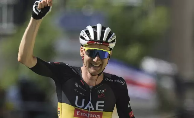 Belgium's Tim Wellens crosses the finish line to win the fifteenth stage of the Tour de France cycling race over 169.3 kilometers (105.2 miles) with start in Muret and finish in Carcassonne, France, Sunday, July 20, 2025. (AP Photo/Thibault Camus)