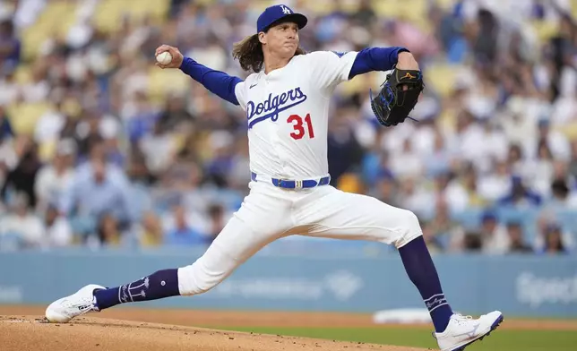 Los Angeles Dodgers starting pitcher Tyler Glasnow throws to the plate during the first inning of a baseball game against the Milwaukee Brewers, Friday, July 18, 2025, in Los Angeles. (AP Photo/Mark J. Terrill)